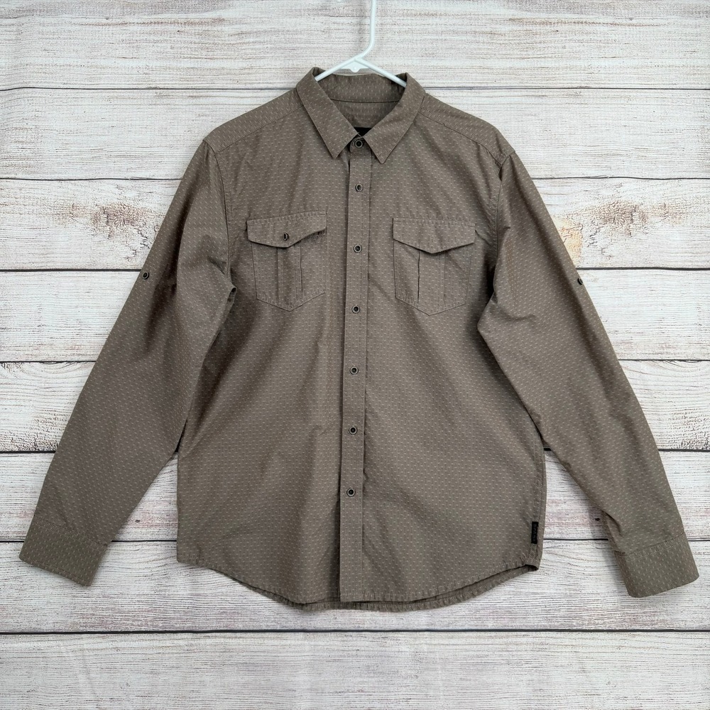 prAna Button Up Shirt Mens Medium Brown Geometric Roll Tab Sleeve M21170307